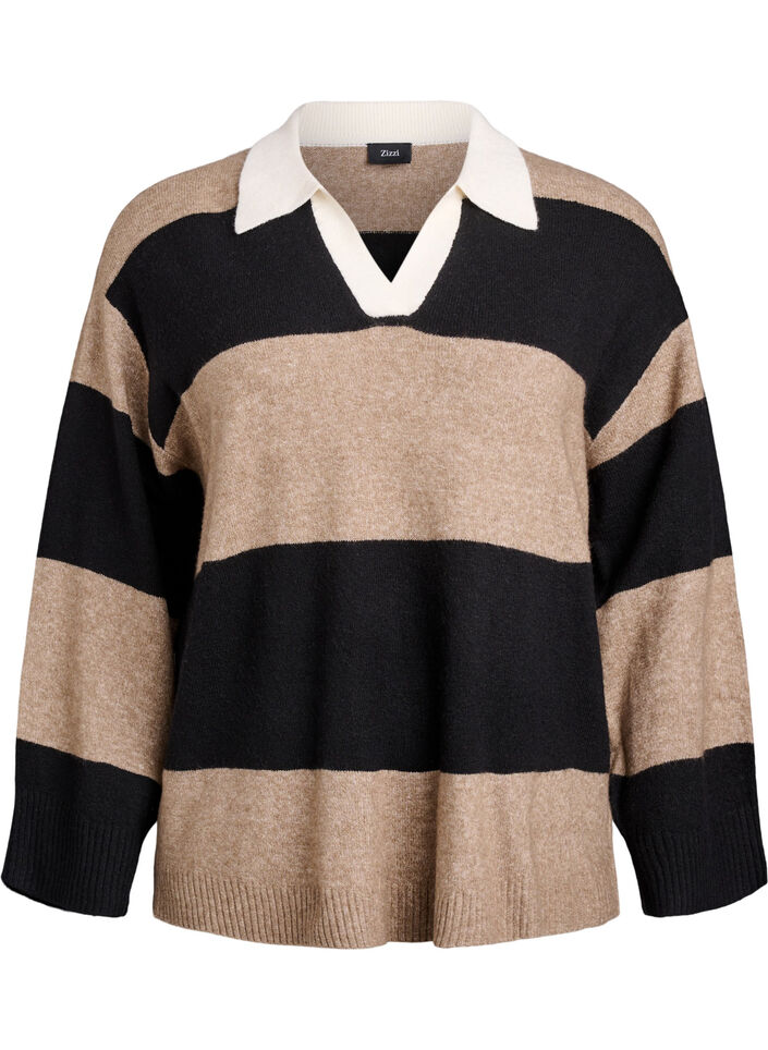 Strikket bluse med krage og V-hals, Black Stripe Comb, Packshot