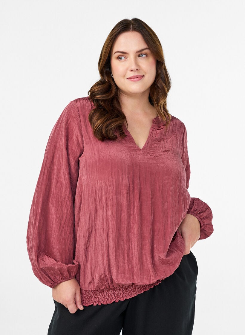 Bluse med V-hals og krøllete tekstur, Rosa, Model image number 0