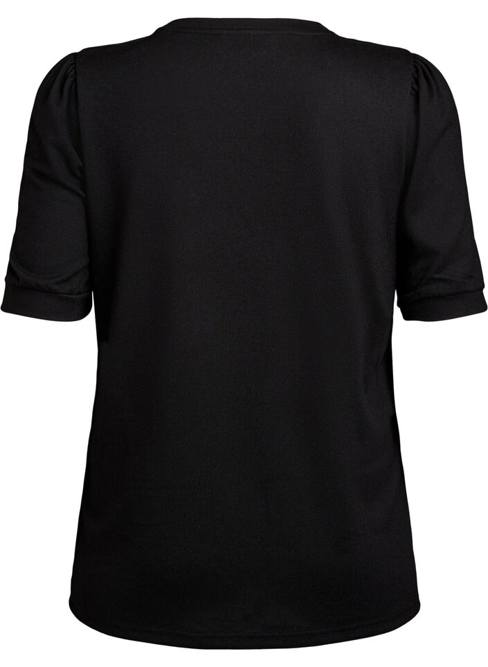 Bluse med knappedetaljer og korte puffermer, Svart, Packshot image number 1