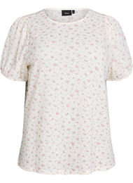 Kortermet jerseybluse med blomstertrykk, White w. Pink Flower