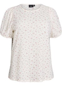 Kortermet jerseybluse med blomstertrykk, Hvit Kortermet jerseybluse med blomstertrykk