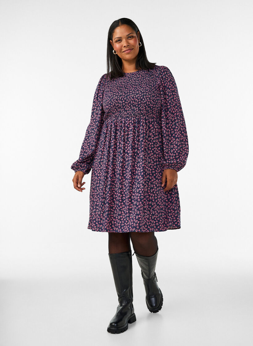 Kjole med smocket topp og sm&aring;blomstret m&oslash;nster, Bl&aring;, Model image number 1