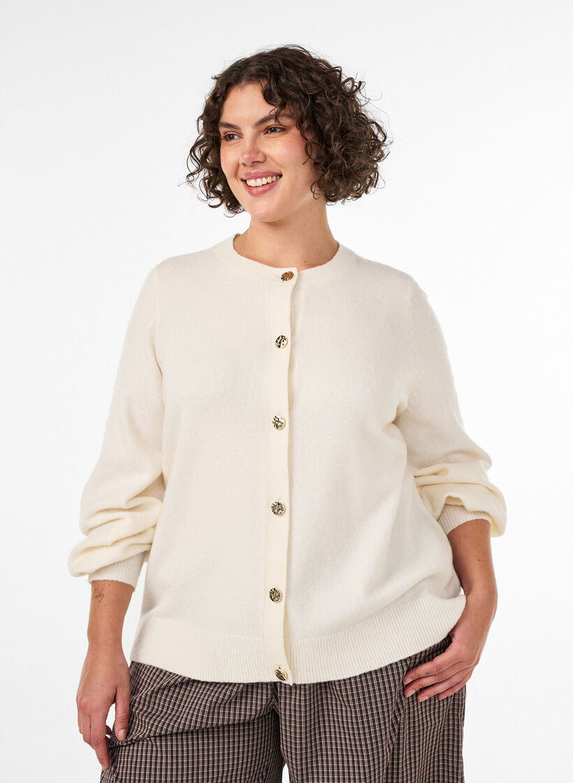 Cardigan i myk strikk med gullfargede knapper, Vanilje, Model image number 0