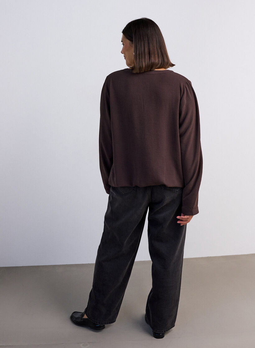 Bluse med ballongsilhuett og V-hals, Brun, Model image number 2