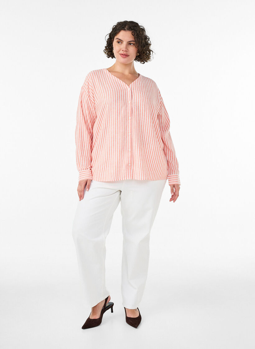 Bluse i lin og viskose med V-hals, Orange, Model image number 1