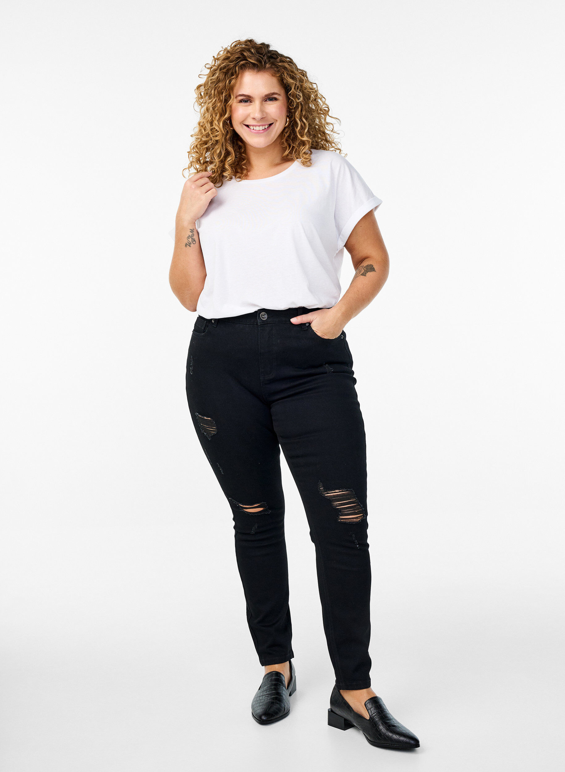 Zizzi Kortermet T-skjorte i bomullsblanding, Hvit, Model image number 1