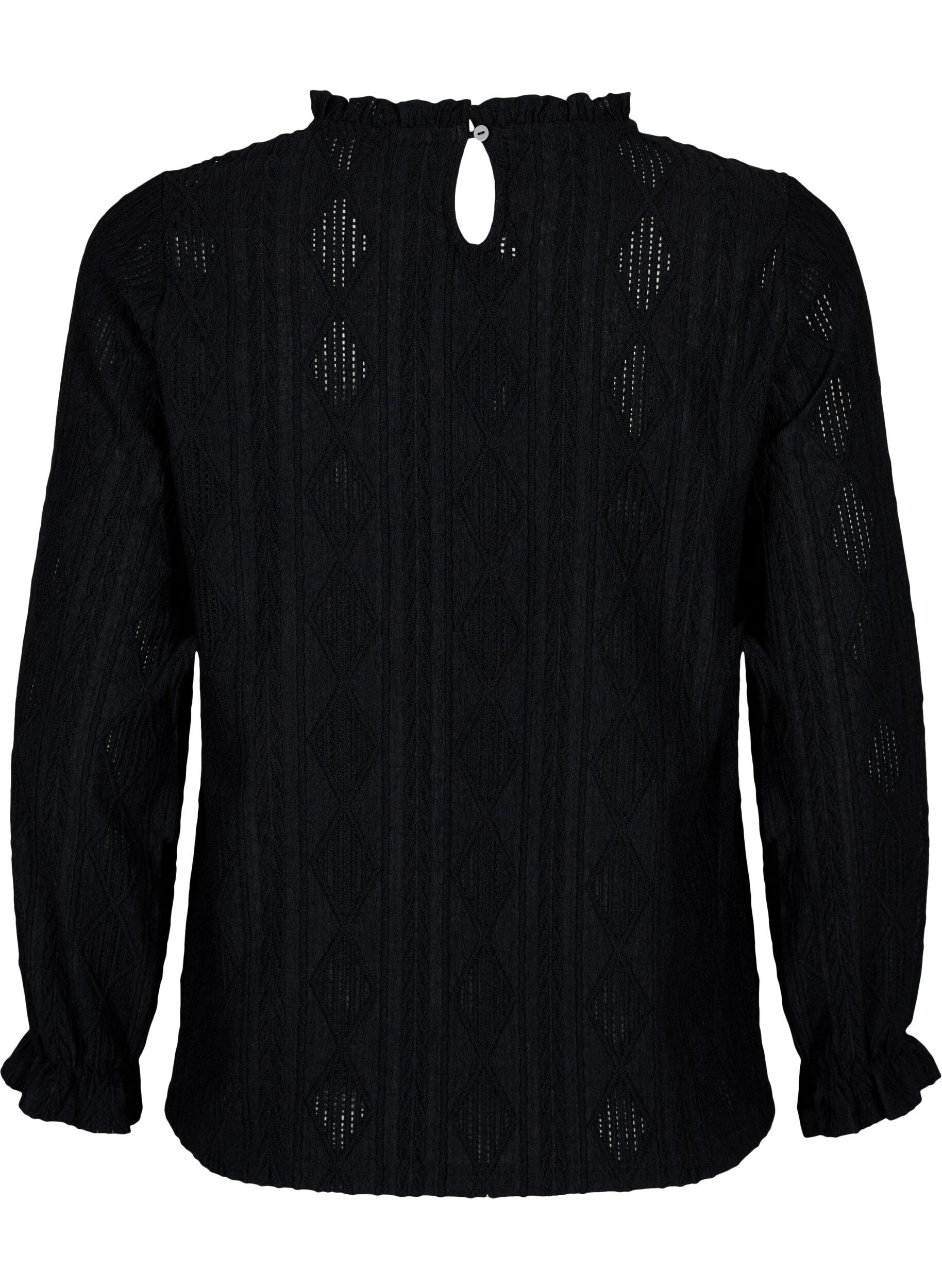 Zizzi Bluse med volanger og tone-i-tone-m&oslash;nster, Black, Packshot image number 1