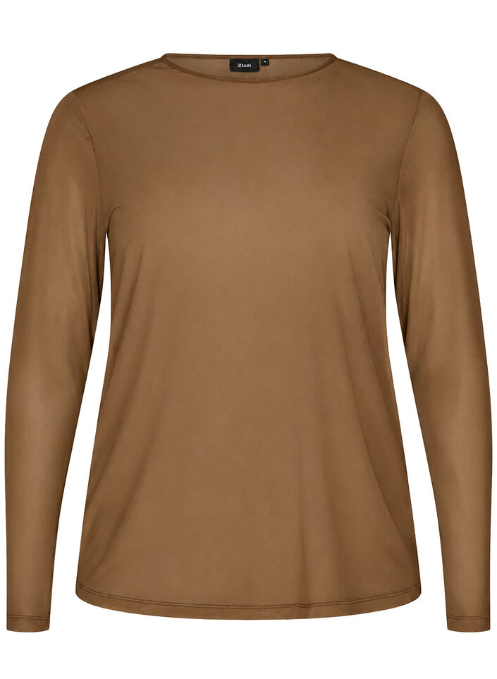 Bluse i mesh med lange ermer, Brun, Packshot image number 0