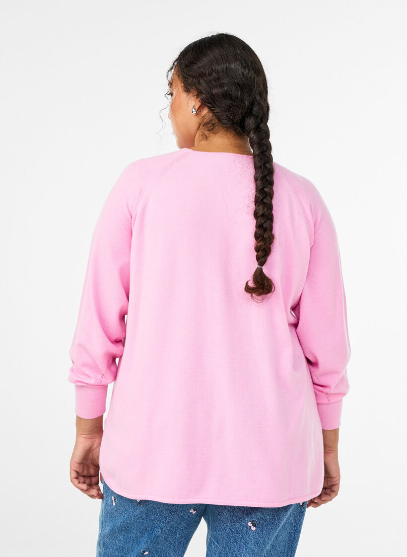 Strikkebluse med rund hals og strikket m&oslash;nster, Rosa, Model image number 2