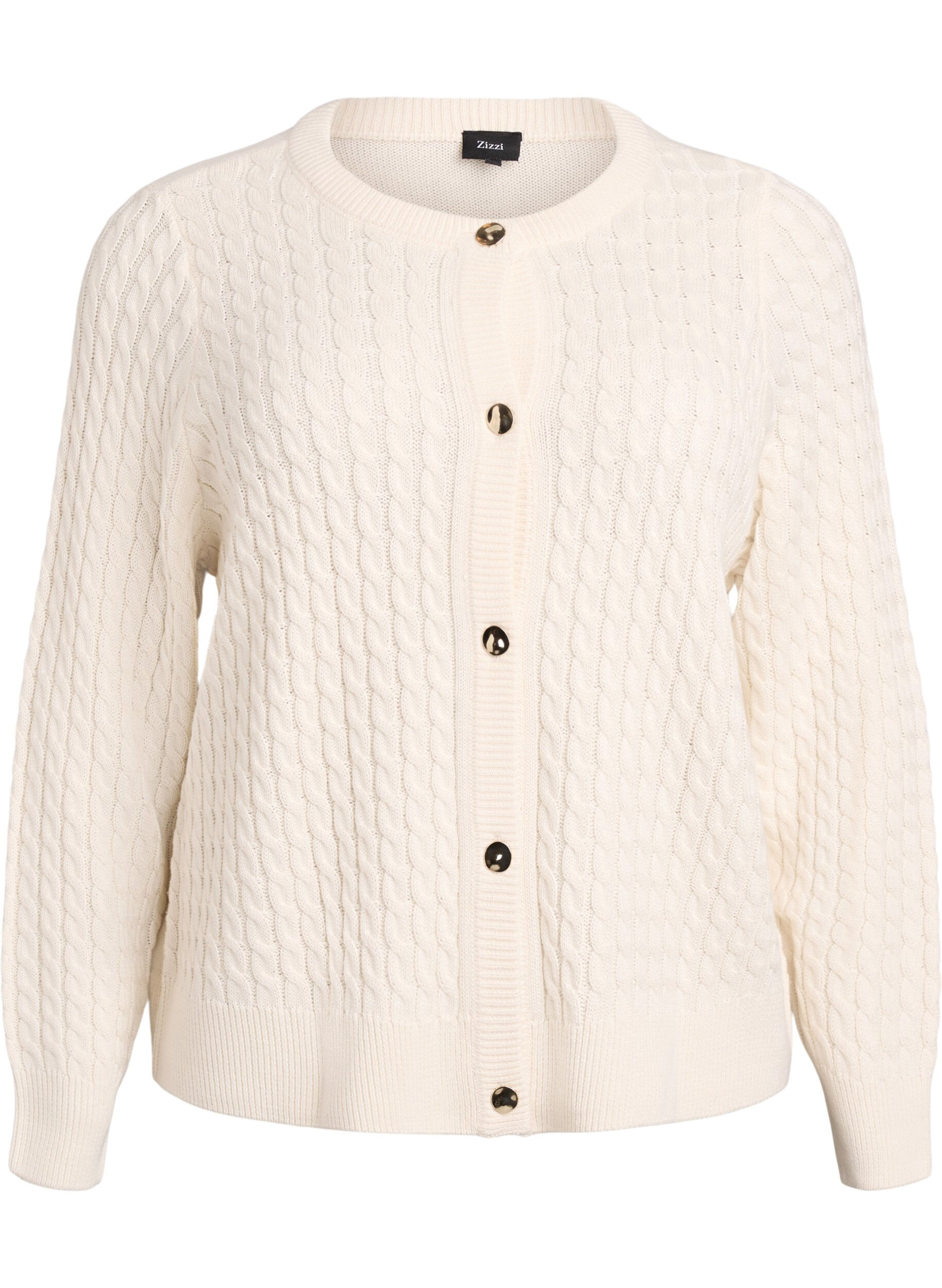 Flettestrikket cardigan med gullfargede knapper