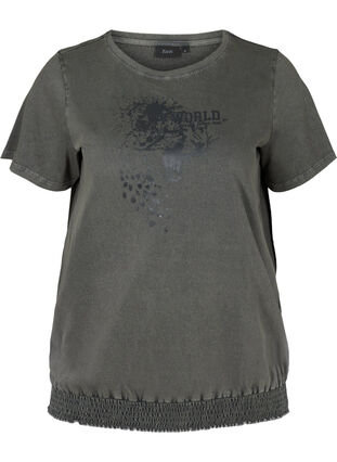 Kortermet T-skjorte med acid wash og smock, Dark grey acid wash, Packshot image number 0