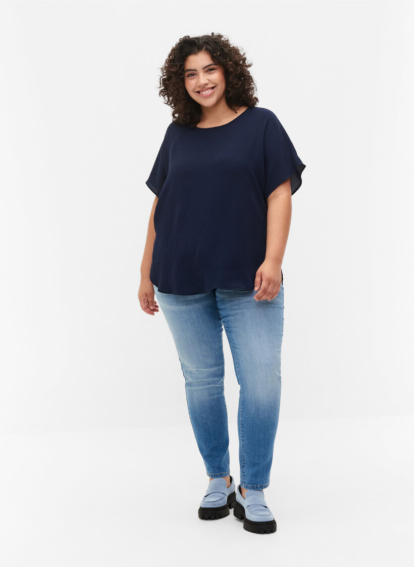 Bluse med korte ermer og rund hals, Blå, Model image number 1