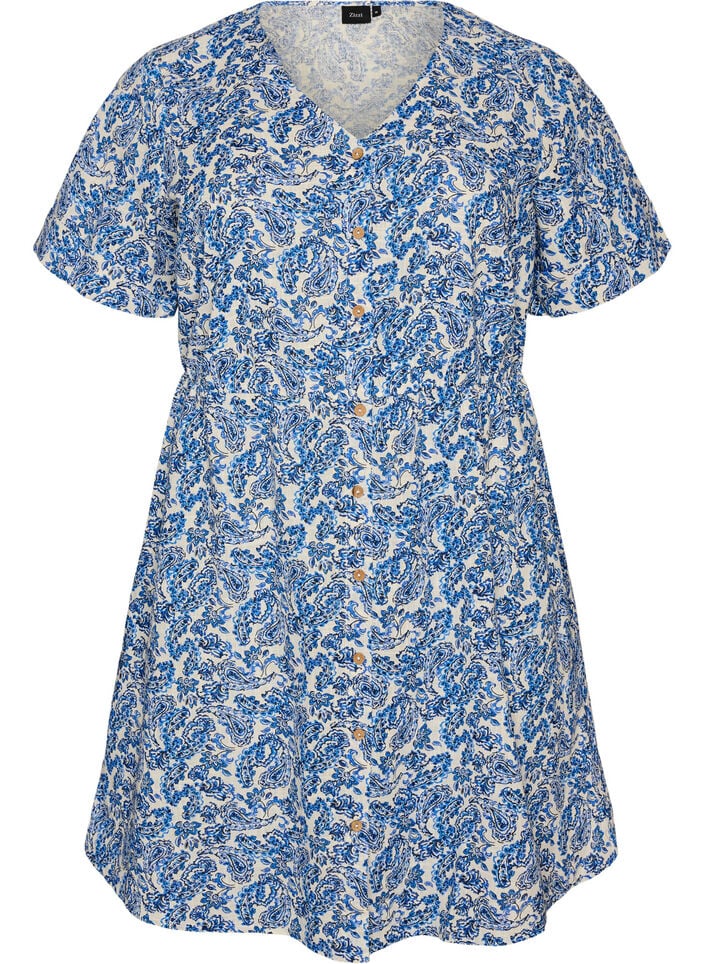 Kort bomullskjole med blomstertrykk, Bl&aring;, Packshot image number 0