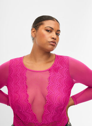 Bodystocking med blondekant og mesh, Fuchsia Red, Model image number 2