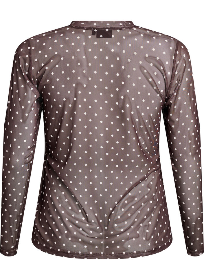 Bluse med mesh og prikker, Brun, Packshot image number 1