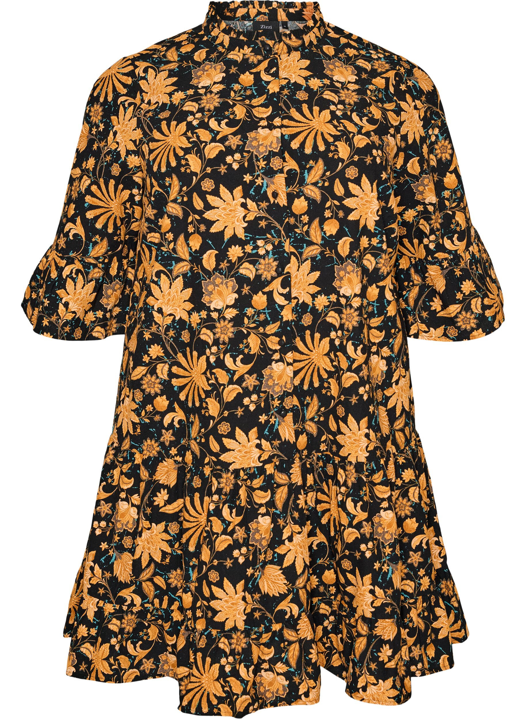 ZizziBlomstrete bomullskjole med volangdetaljer og en loose A-linjeform, Orange, Packshot image number 0