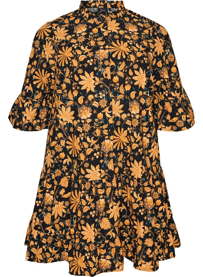 Blomstrete bomullskjole med volangdetaljer og en loose A-linjeform, Orange, Packshot image number 0