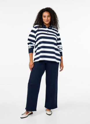 Zizzi Langermet poloskjorte med striper, Blå, Model image number 1