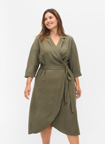 Omslagskjole med 3/4-ermer i viskose, Dusty Olive, Model image number 0