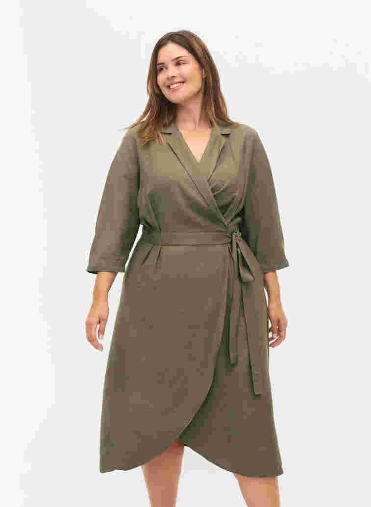 Omslagskjole med 3/4-ermer i viskose, Dusty Olive, Model