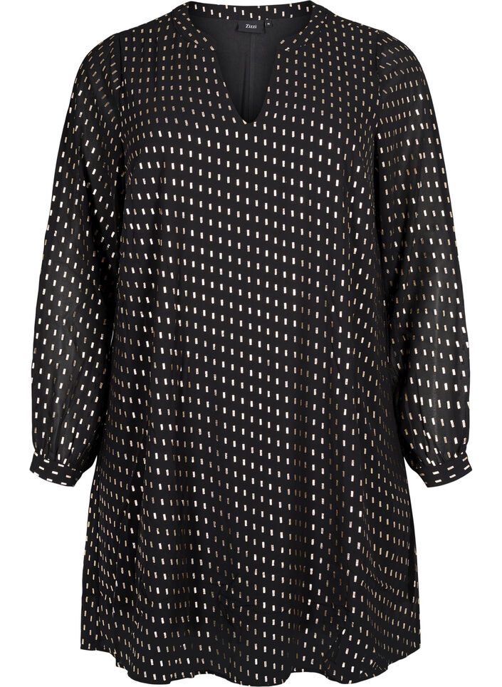 Langermet kjole med folietrykk, Black w. Gold, Packshot image number 0