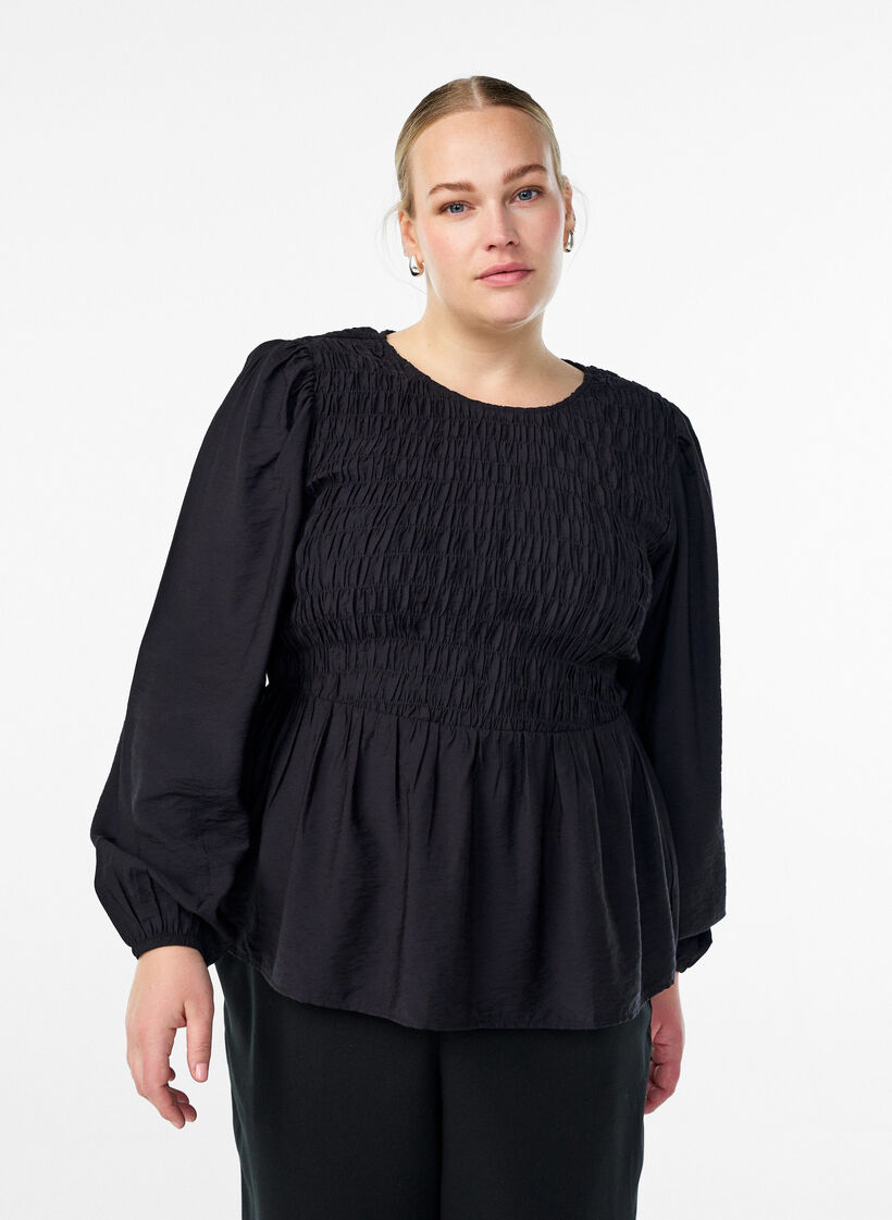 Bluse med smokk og lange ermer, Svart, Model image number 0