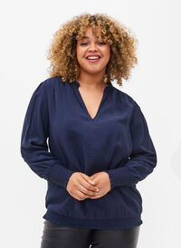 Bluse i viskose med lange ermer og smock, Navy Blazer, Model