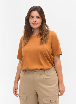 Kortermet T-skjorte i et ribbet materiale, Pecan Brown, Model image number 0