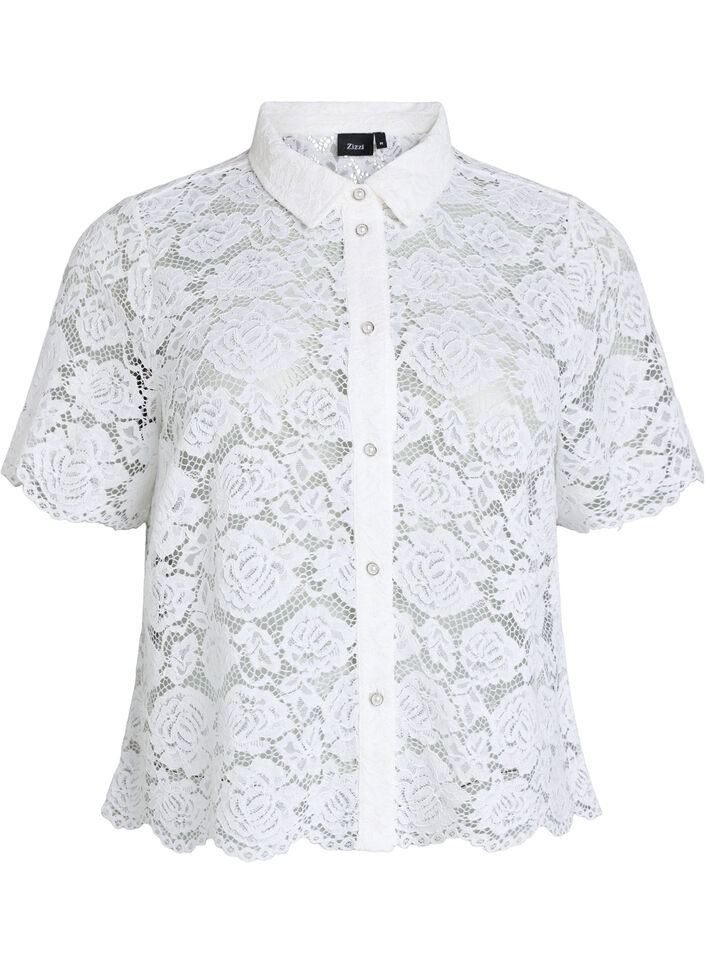Skjortebluse i blonde med perleknapper, Hvit, Packshot image number 0