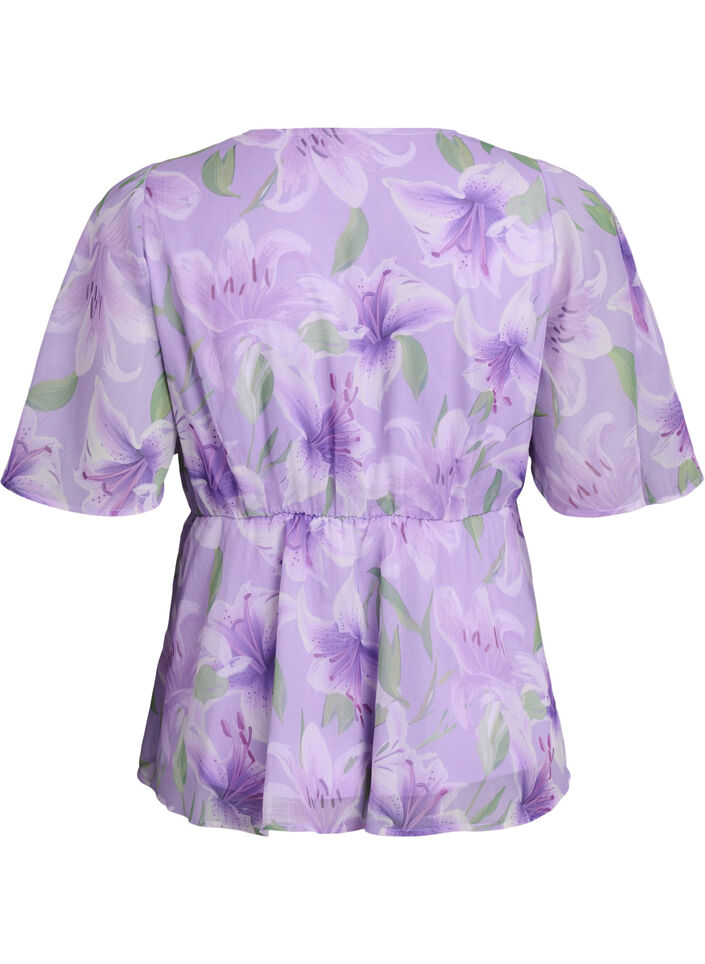 Bluse i blomstrete chiffon med korte ermer, Lilla, Packshot image number 1