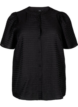 Strukturmønstret skjortebluse i lyocell, Black, Packshot image number 0