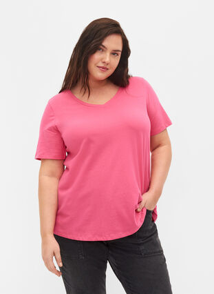 Ensfarget basis T-skjorte i bomull, Hot Pink, Model image number 0