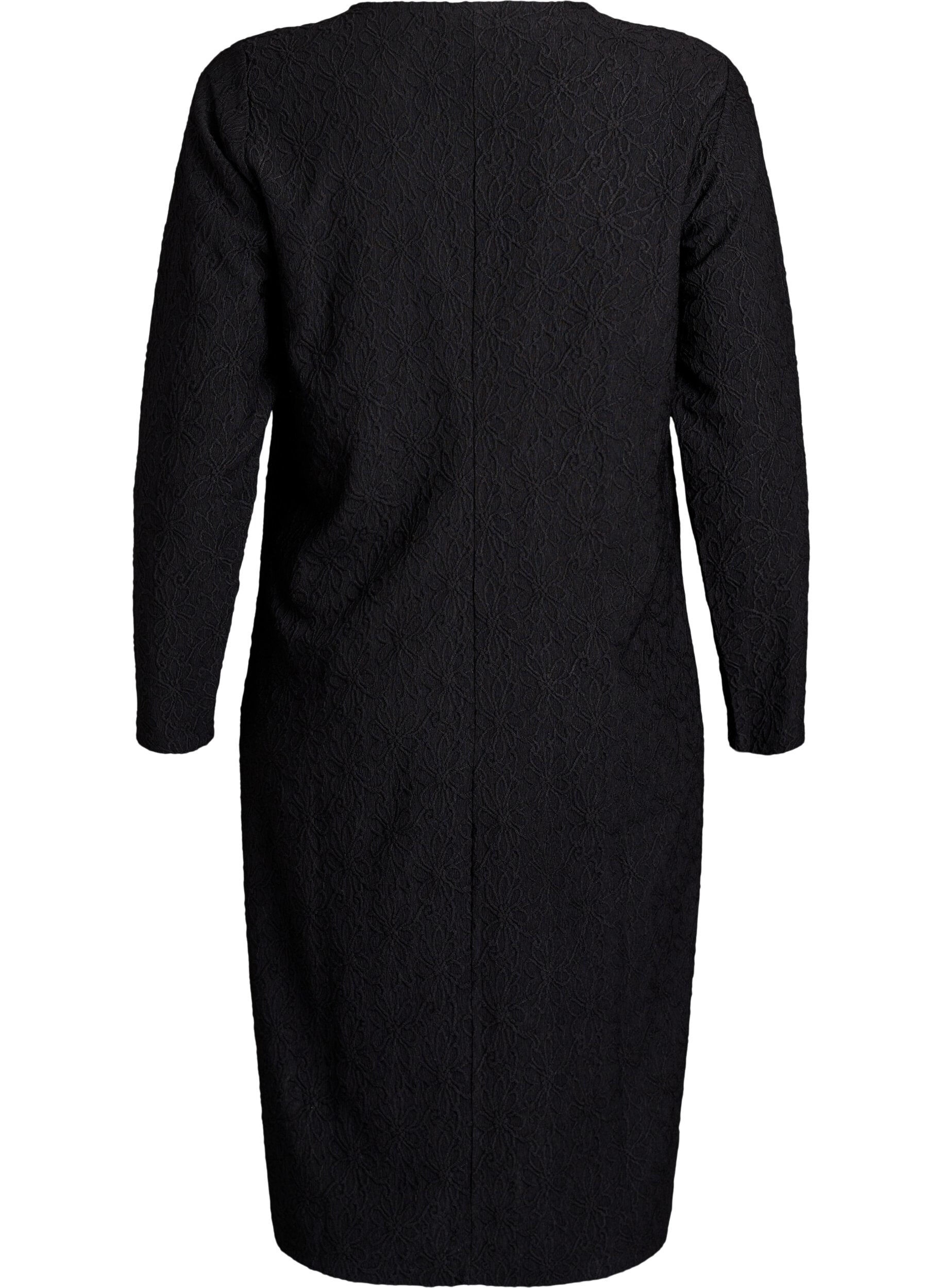 Zizzi Blomstrete teksturert kjole med lange ermer, Svart, Packshot image number 1