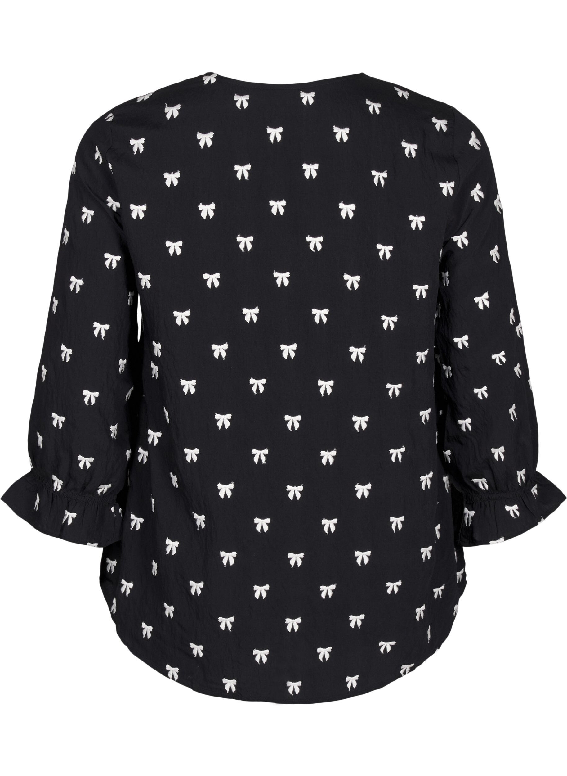 Zizzi Bluse med sl&oslash;yfer og 3/4-ermer, Black White Bow, Packshot image number 1