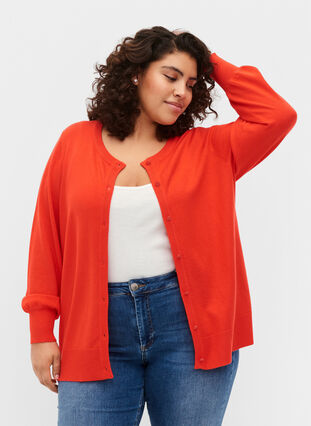 Ribbet cardigan med knappelukking, Poppy Red, Model image number 0