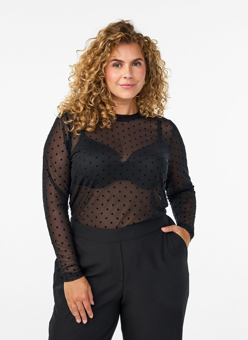 Bluse med mesh og prikker, Svart, Model image number 0