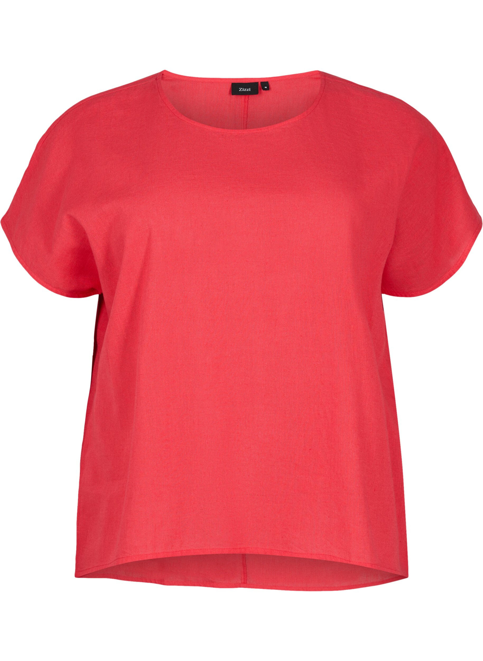 Zizzi Kortermet bluse i bomullsblanding med lin, Hibiscus, Packshot image number 0