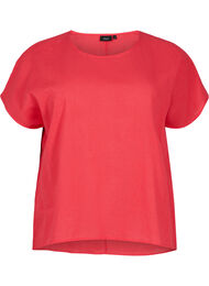 Kortermet bluse i bomullsblanding med lin, Hibiscus