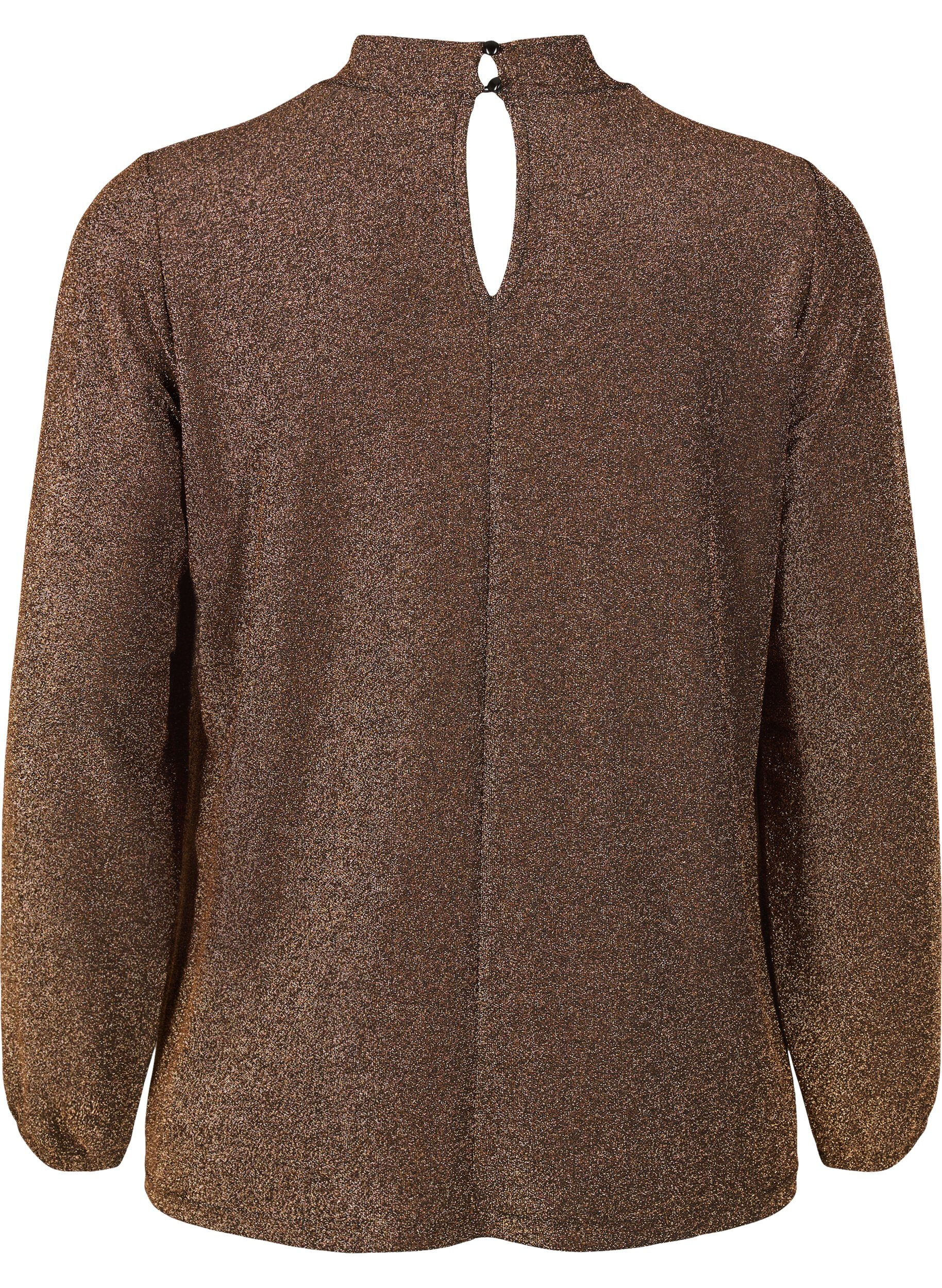 ZizziLangermet bluse med glitter, rund hals og V-detalj, Black Copper, Packshot image number 1