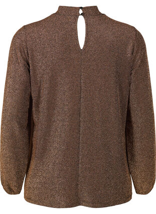 Langermet bluse med glitter, rund hals og V-detalj, Black Copper, Packshot image number 1