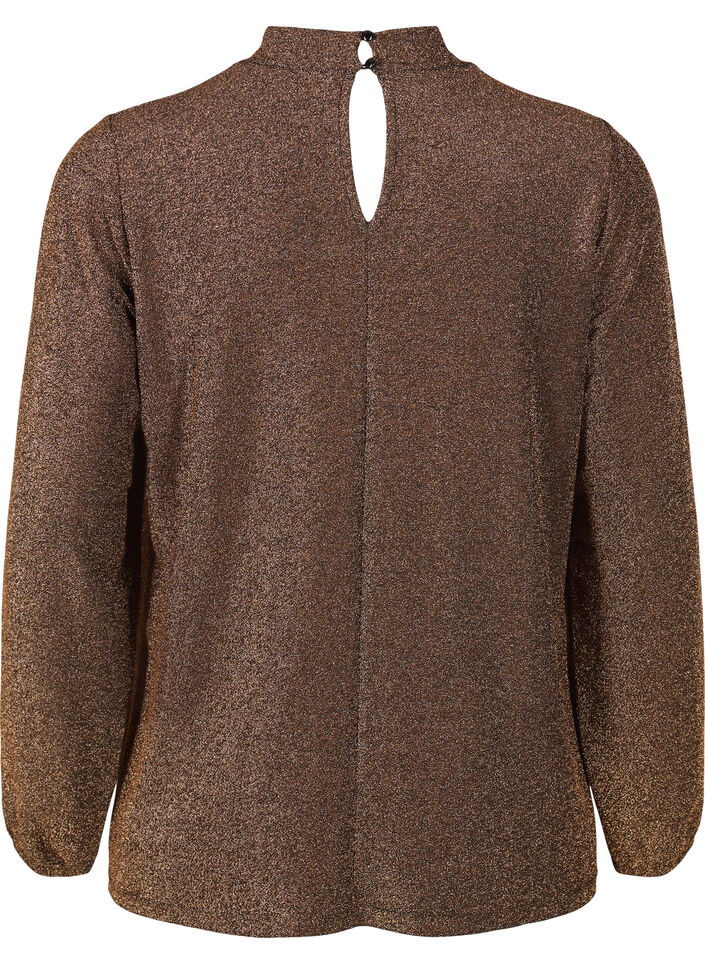 Langermet bluse med glitter, rund hals og V-detalj, Black Copper, Packshot image number 1