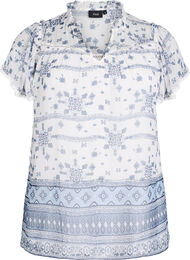 Mønstret bluse med volanger og korte ermer, Snow W. Dusty Blue
