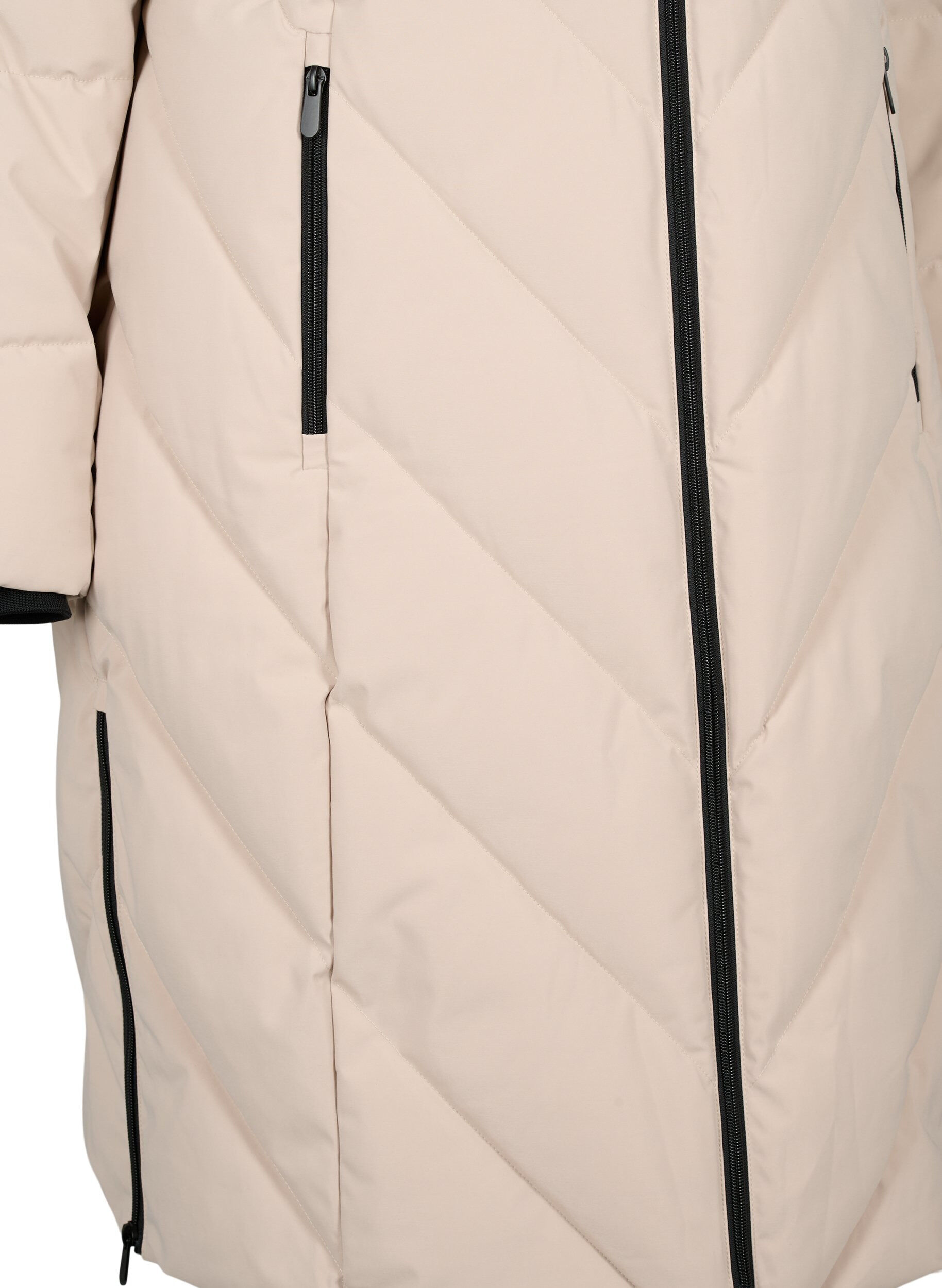 ZizziLang vinterk&aring;pe med kroklukking og en imitert pelskrage, Beige, Packshot image number 3