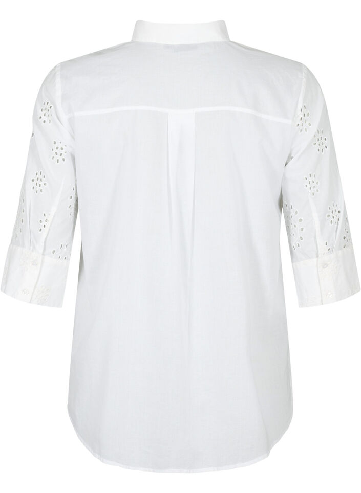 Skjortebluse med engelsk broderi og 3/4-ermer, Bright White, Packshot image number 1