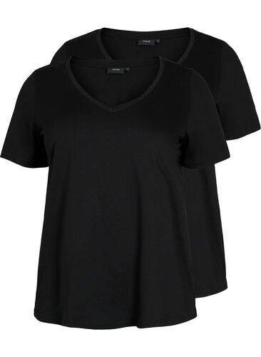 T-skjorte med V-hals, 2 stk., Black / Black, Packshot image number 0