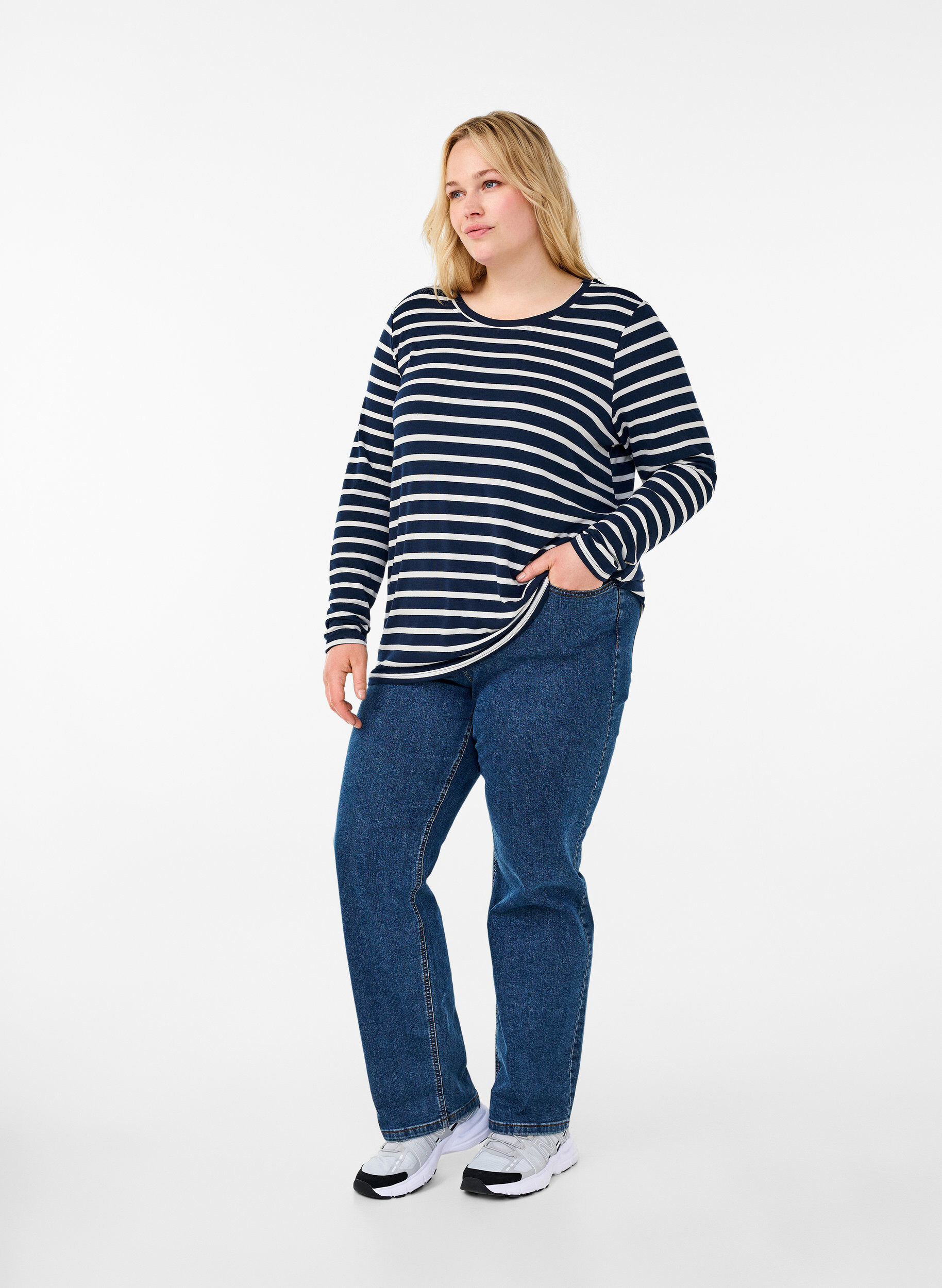 Zizzi Langermet bluse med striper, Evening Blue Stripe, Model image number 2