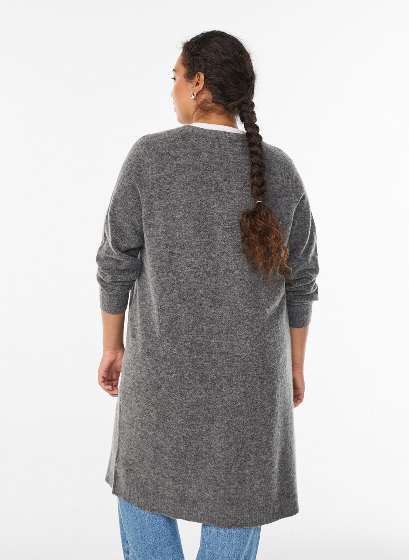 Lang strikket cardigan med ull og alpakka, Grå, Model image number 2