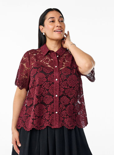 Zizzi Skjortebluse i blonde med perleknapper, Mørk Bordeaux, Model image number 0