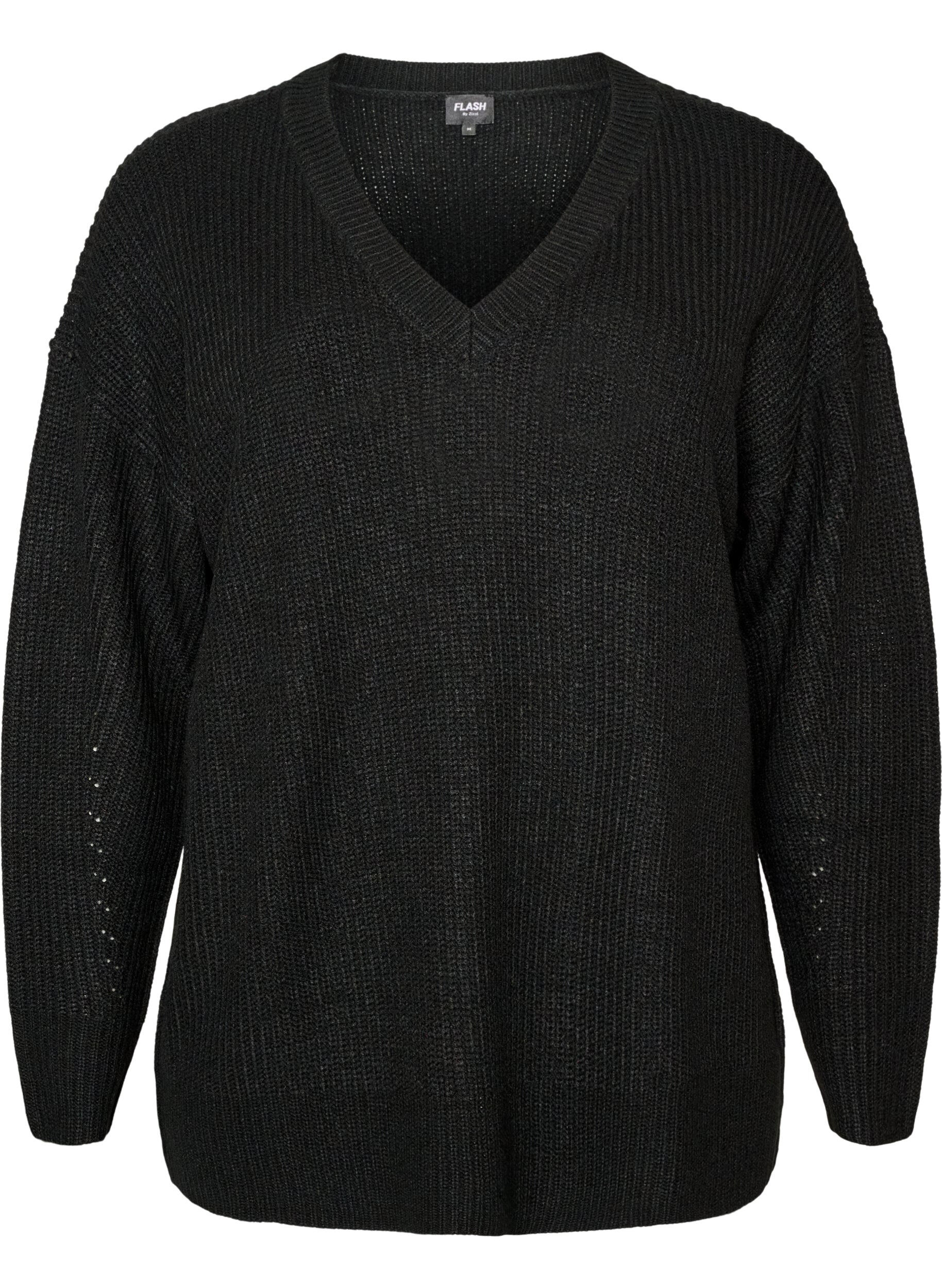 Lang ribbestrikket bluse med V-hals