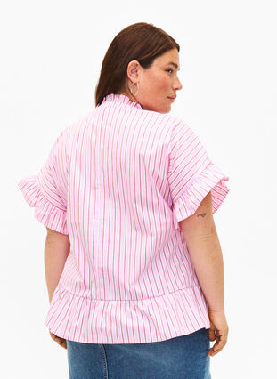 Stripete bluse med peplum og volangdetaljer, Pink Red Stripe, Model image number 1